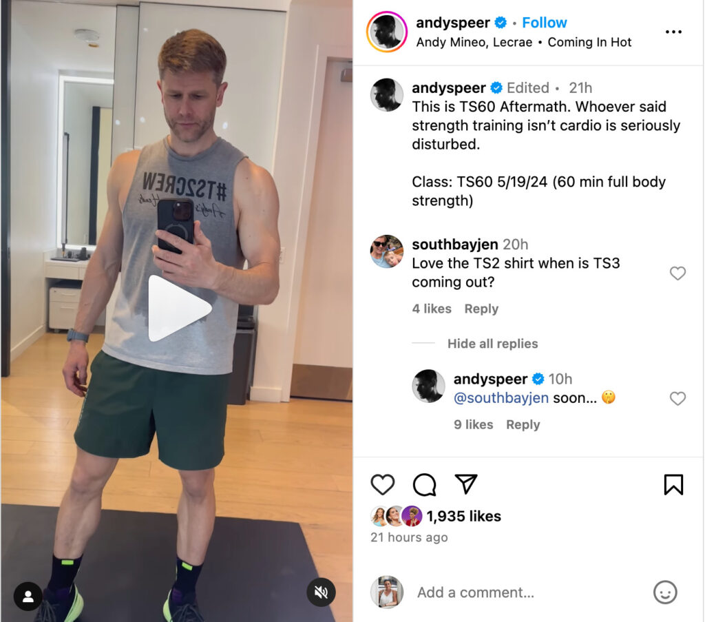 Andy Speer's Instagram post in which he commented that Total Strength 3 is coming soon.